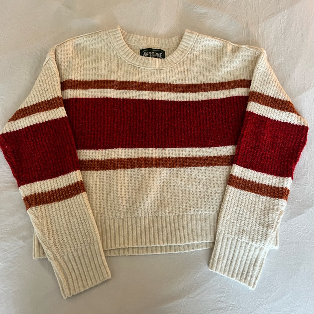 White with Red/Orange Stripe Sweater, Size Medium